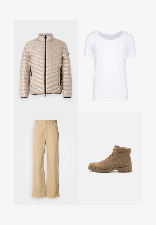 TOM TAILOR LIGHTWEIGHT JACKET - Veste mi-saison - light cashmere; T-shirt blanc à manches courtes, décolleté en scoop, texture douce, coupe décontractée, fabriqué en tissu léger avec un léger stretch. Sans motifs ni accents.; Pantalon large beige en mélange coton. Fermeture par bouton et passants de ceinture. Texture lisse, avec des détails de couture minimaux.; Bottines en daim beige avec un bout arrondi, un col rembourré, six paires d'œillets et une épaisse semelle en caoutchouc présentant un motif strié.