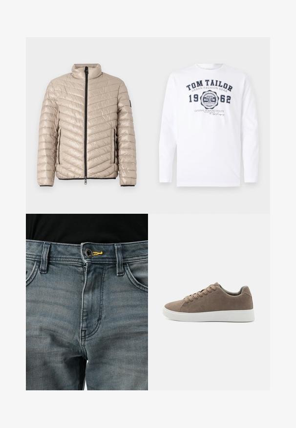 TOM TAILOR LIGHTWEIGHT JACKET - Jas - light cashmere; TOM TAILOR Longsleeve - white; Vervaagde blauwe denim jeans met knoopsluiting, gele accenten bij de tailleband en een klassiek vijf-pocket ontwerp. De textuur lijkt zacht en versleten.; Bruine suède sneakers met platte witte rubberen zolen, vetersluiting, ronde neus en een gladde textuur. Minimalistische stijl met subtiele stikdetails.