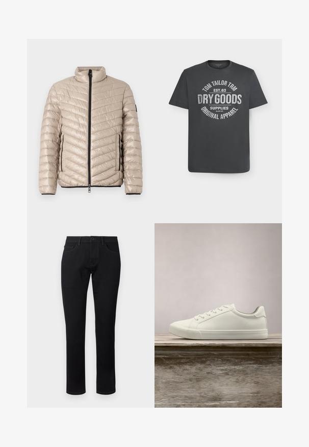 TOM TAILOR LIGHTWEIGHT JACKET - Ελαφρύ μπουφάν - light cashmere; Σκούρο γκρι κοντομάνικη μπλούζα με λευκό κείμενο που γράφει «Tom Tailor TRM Est. 62 Dry Goods Supplies Original Apparel» στο κέντρο μπροστά.; TOM TAILOR TTJOSH REGULAR SLIM FIT - Jeans Tapered Fit - black denim; Λευκά sneakers με κορδόνια που αιωρούνται πάνω από ξύλινο παγκάκι με πράσινη βλάστηση στο φόντο, επιδεικνύοντας το σχέδιο και την υφή του παπουτσιού.