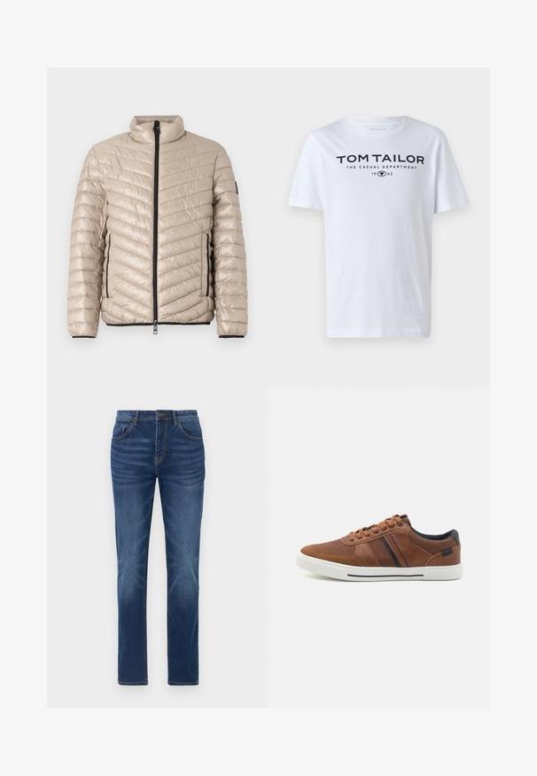TOM TAILOR LIGHTWEIGHT JACKET - Jas - light cashmere; Witte katoenen t-shirt met een ronde hals, korte mouwen en marineblauwe tekst "TOM TAILOR THE CASUAL DEPARTMENT 1962."; Donkerblauwe denim jeans met een klassieke rechte pasvorm, vijfzakkenontwerp en lichte vervaging details op de benen. Voorzien van een knoop- en ritssluiting.; Bruine leren sneakers met een gladde textuur, witte rubberen zool, zwarte accenten en decoratieve stiksels met zijstrepen.