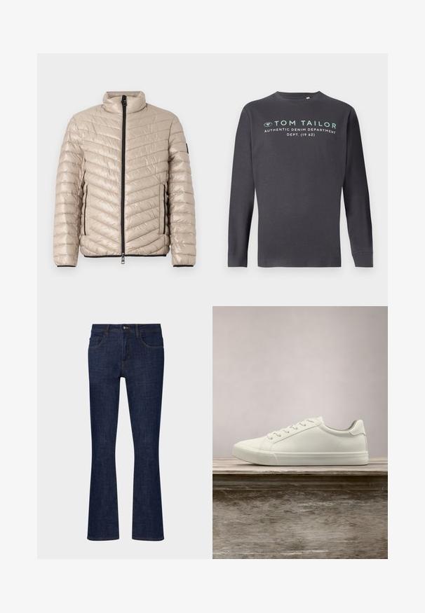 TOM TAILOR LIGHTWEIGHT JACKET - Jas - light cashmere; TOM TAILOR PRINTED - Longsleeve - tarmac grey; Donkerblauwe denim flared jeans met een middelhoge taille, vijf zakken en contrasterende stiksels. Gladde textuur met minimale slijtage.; Witte vetersneaker die boven een houten bank zweeft met groene bladeren op de achtergrond, waarbij het ontwerp en de textuur van de schoen worden getoond.