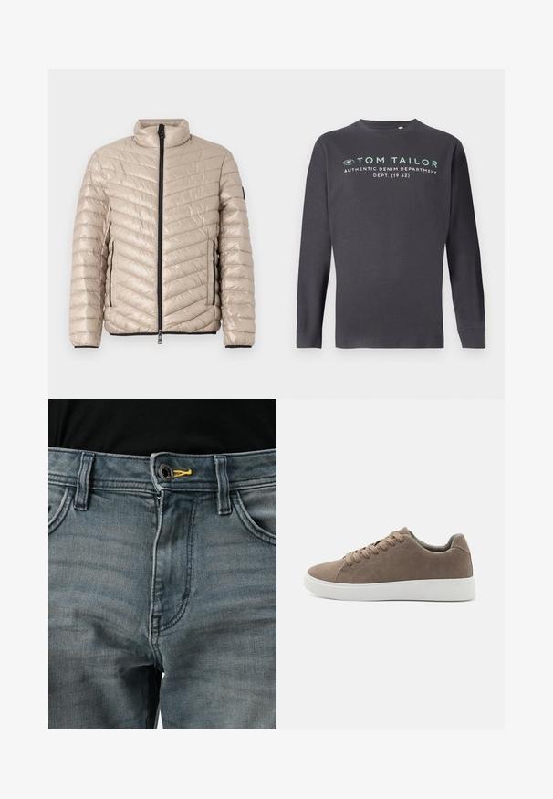 TOM TAILOR LIGHTWEIGHT JACKET - Jas - light cashmere; TOM TAILOR PRINTED - Longsleeve - tarmac grey; Vervaagde blauwe denim jeans met knoopsluiting, gele accenten bij de tailleband en een klassiek vijf-pocket ontwerp. De textuur lijkt zacht en versleten.; Bruine suède sneakers met platte witte rubberen zolen, vetersluiting, ronde neus en een gladde textuur. Minimalistische stijl met subtiele stikdetails.