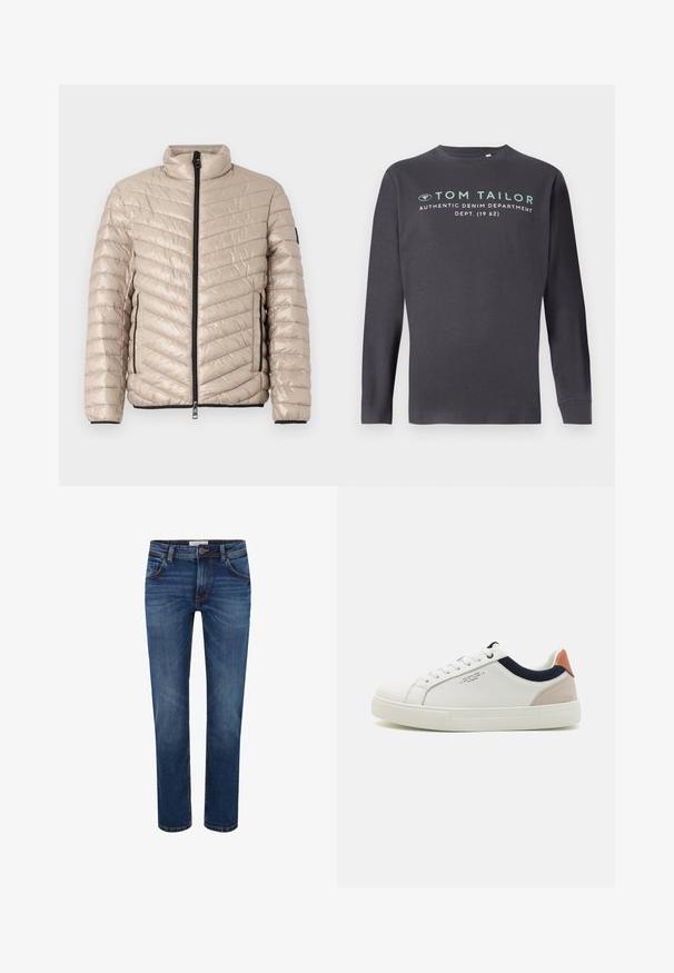 TOM TAILOR LIGHTWEIGHT JACKET - Chaqueta de entretiempo - light cashmere; TOM TAILOR PRINTED - Camiseta de manga larga - tarmac grey; Vaqueros de mezclilla en azul oscuro con un diseño de pierna recta, estilo de cinco bolsillos y costura en contraste. Cintura estándar con cierre de botón.; Zapatillas blancas de cuero con un diseño de caña baja, acento en tela azul marino en el cuello y una lengüeta de talón de ante rosa claro. Suela de goma.