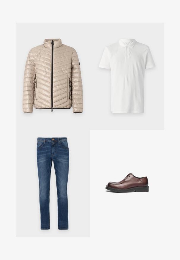 TOM TAILOR LIGHTWEIGHT JACKET - Kerge jope - light cashmere; Valge puuvillane polo-särk, millel on krae, kolm nööpaukku ja lühikesed varrukad. Rinnal on diskreetne logo.; Tumed sinise denimi teksad, sirge lõikega, viie taskuga, kerge kulumisjälg ja kontrastvärviline õmblus, nööpkinnitus vööl.; Pruun nahkne kleitking, millel on ümmargune nina, nähtav õmblus ja madal must kummitald; lipsu disain. Ühtlane tekstuur kogu ulatuses.