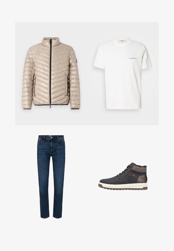 TOM TAILOR LIGHTWEIGHT JACKET - Übergangsjacke - light cashmere; Weißes Baumwoll-T-Shirt mit rundem Ausschnitt und kurzen Ärmeln. Auf der linken Brustseite befindet sich ein kleines schwarzes Logo.; Dunkelblaue Denim-Jeans mit geradem Schnitt, Fünf-Pocket-Design und Druckknopfverschluss. Verstärkte Nähte an den Nähten und ein leichter Verblassungseffekt.; Herrenknöchelstiefel aus schwarzem Leder mit braunen Akzenten, texturiertem Strickkragen, grauem Stofffutter, weißer Zwischensohle und robustem Gummilaufsohle.