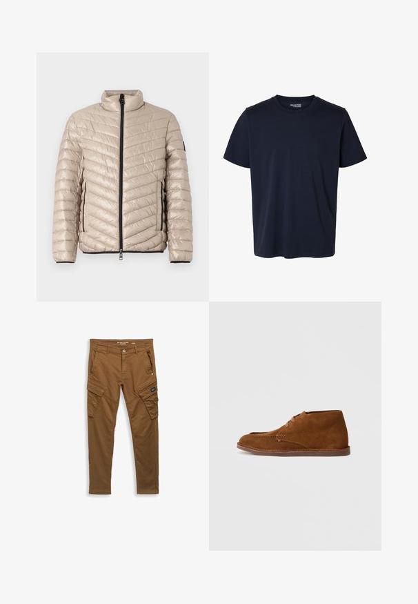 TOM TAILOR LIGHTWEIGHT JACKET - Veste mi-saison - light cashmere; T-shirt bleu marine uni à manches courtes avec une petite étiquette de marque imprimée à l'intérieur du col.; Pantalons cargo droits marron avec bouton avant, passants de ceinture, poches latérales et arrière, et fermetures à rabat sur les poches de cuisse.; Bottines en daim marron avec un bout arrondi, des lacets marron et des détails de couture contrastés le long de la semelle et de la tige.