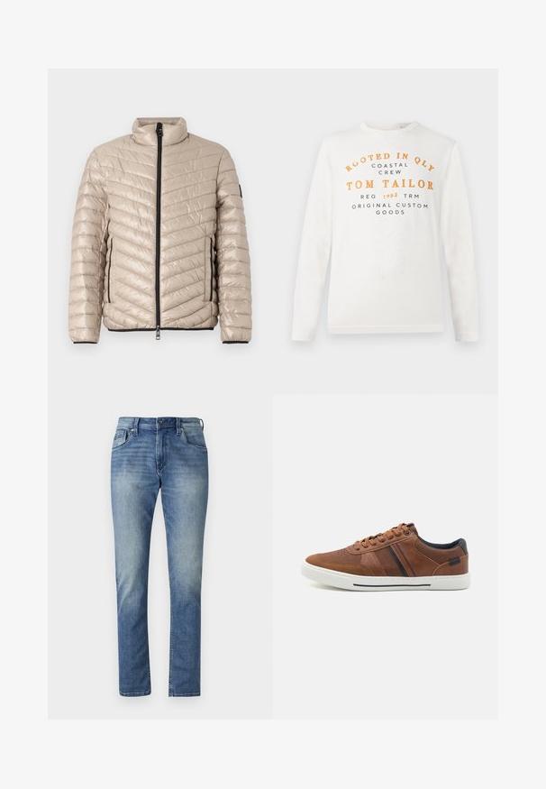 TOM TAILOR LIGHTWEIGHT JACKET - Ελαφρύ μπουφάν - light cashmere; Λευκό πουκάμισο με μακριά μανίκια που έχει πορτοκαλί και μαύρο κείμενο που γράφει "Rooted in QLY Coastal Crew Tom Tailor Reg 1962 TRM Original Custom Goods" μπροστά.; Ανοιχτό μπλε τζιν παντελόνι με ίσια γραμμή, πέντε τσέπες και φθαρμένη απόχρωση. Διαθέτει κλείσιμο με κουμπί και θηλιές ζώνης.; Καφέ δερμάτινα αθλητικά παπούτσια με λεία υφή, λευκή καουτσούκ σόλα, μαύρες λεπτομέρειες και διακοσμητική ραφή με πλευρικές ρίγες.