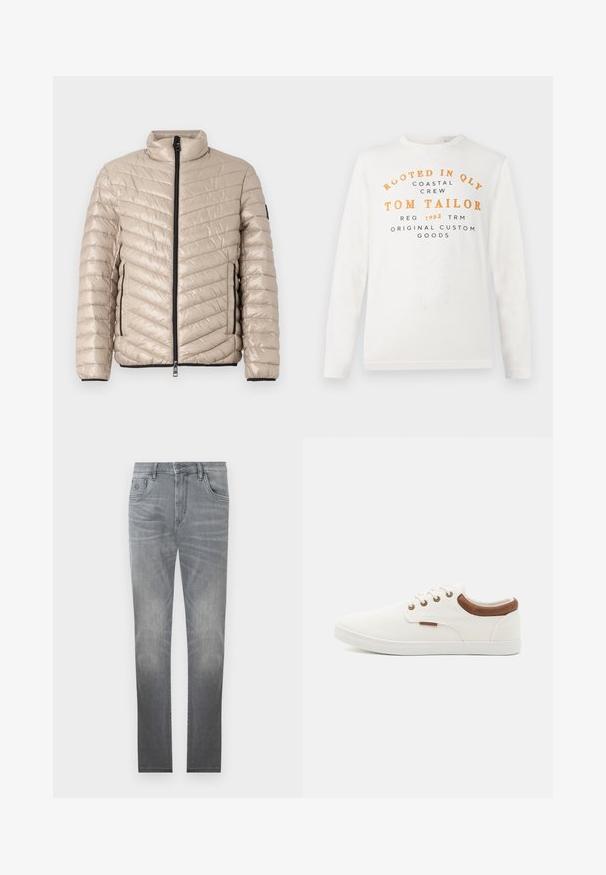 TOM TAILOR LIGHTWEIGHT JACKET - Übergangsjacke - light cashmere; Weißes Langarmshirt mit orangefarbener und schwarzer Schrift, auf der steht: "Rooted in QLY Coastal Crew Tom Tailor Reg 1962 TRM Original Custom Goods".; Graue Jeans aus Denim mit einem ausgebleichten Design, fünf Taschen, Knopfverschluss und geradem Schnitt. Sanfte Textur mit leichtem Verschleiß an den Kanten.; Weiße Leinensneaker mit einer glatten Textur, braunen Lederakzenten an der Ferse und fünf Metallösen für die Schnürsenkel. Mit einer flachen Gummisohle.