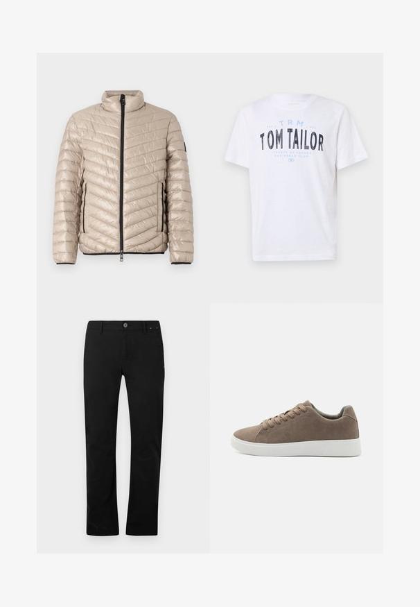 TOM TAILOR LIGHTWEIGHT JACKET - Veste mi-saison - light cashmere; T-shirt en coton blanc avec encolure ronde et manches courtes. Comprend un texte imprimé en bleu et noir : « TOM TAILOR », « STREETS OF HAVANA », et des chiffres.; Pantalons noirs à jambe droite avec fermeture à bouton et fermeture éclair, passants de ceinture et poches latérales, présentés sur un fond blanc.; Baskets en daim marron avec des semelles en caoutchouc blanc plat, design lacé, bout rond et texture lisse. Style minimaliste avec des détails de couture subtils.