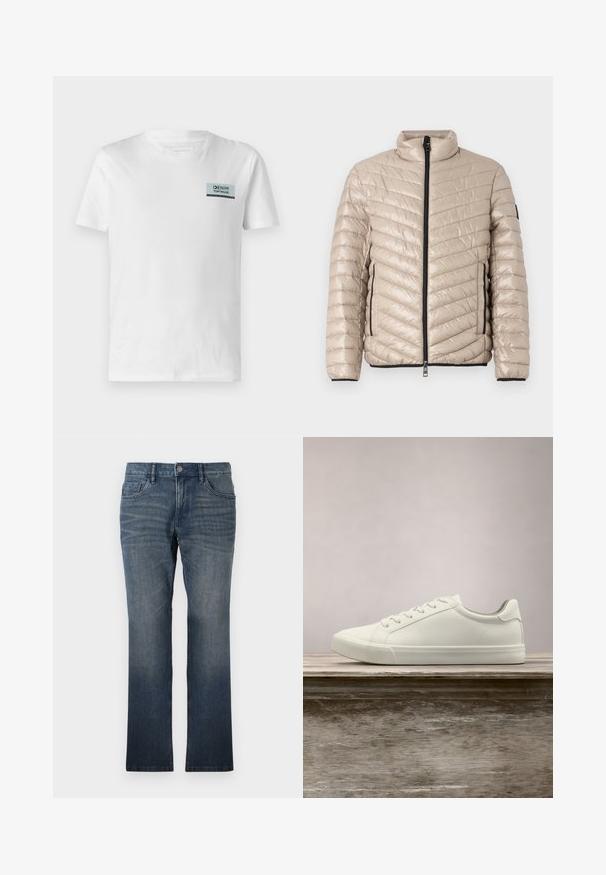 TOM TAILOR LIGHTWEIGHT JACKET - Chaqueta de entretiempo - light cashmere; Camiseta de algodón blanca con un pequeño parche de logo azul y negro en el pecho. El diseño es simple, con cuello redondo y mangas cortas.; TOM TAILOR MARVIN - Vaqueros rectos - dark stone wash denim; Zapatilla blanca con cordones flotando sobre un banco de madera con follaje verde al fondo, mostrando el diseño y la textura del zapato.