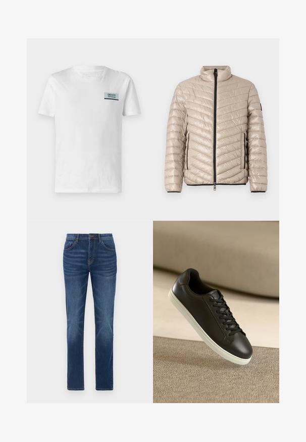 TOM TAILOR LIGHTWEIGHT JACKET - Ľahká bunda - light cashmere; Biele bavlnené tričko s malou modro-čiernou logovou nášivkou na hrudi. Dizajn je jednoduchý s okrúhlym výstrihom a krátkymi rukávmi.; Tmavomodré denimové džínsy s klasickým rovný strihom, dizajnom s piatimi vreckami a miernym vyblednutím na nohách. Obsahujú zapínanie na gombík a zips.; Čierne kožené tenisky s bielou gumovou podrážkou a čiernymi šnúrkami, umiestnené na béžovom textilnom povrchu a pozadí.