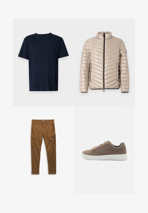 TOM TAILOR LIGHTWEIGHT JACKET - Übergangsjacke - light cashmere; Marineblaue Kurzarm-T-Shirt aus weichem Stoff mit Rundhalsausschnitt, mit einem kleinen Logo und dem Jahr "1962" auf der Brust bedruckt.; Braune gerade Cargo-Hosen mit vorderem Knopf, Gürtelschlaufen, Seiten- und Gesäßtaschen sowie Klappenverschlüssen an den Oberschenkeltaschen.; Braune Wildledersneaker mit flachen weißen Gummisohlen, Schnürdesign, abgerundete Zehen und einer glatten Textur. Minimalistischer Stil mit dezenten Nähdetails.