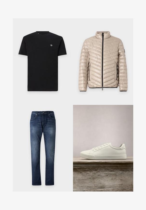 TOM TAILOR LIGHTWEIGHT JACKET - Ľahká bunda - light cashmere; Čierne bavlnené tričko s krátkymi rukávmi, okrúhlym výstrihom a malým bielym logom na ľavej strane hrude. Hladká textúra, jednoduchý dizajn.; Tmavomodré deninové džínsy so strihom rovného nohavicu, ktoré majú vyblednutý vzhľad, päť vreciek a viditeľné švy na švoch.; Biele šnurovacie tenisky sa vznášajú nad drevenou lavicou so zeleným porastom v pozadí, predvádzajúc design a textúru topánok.