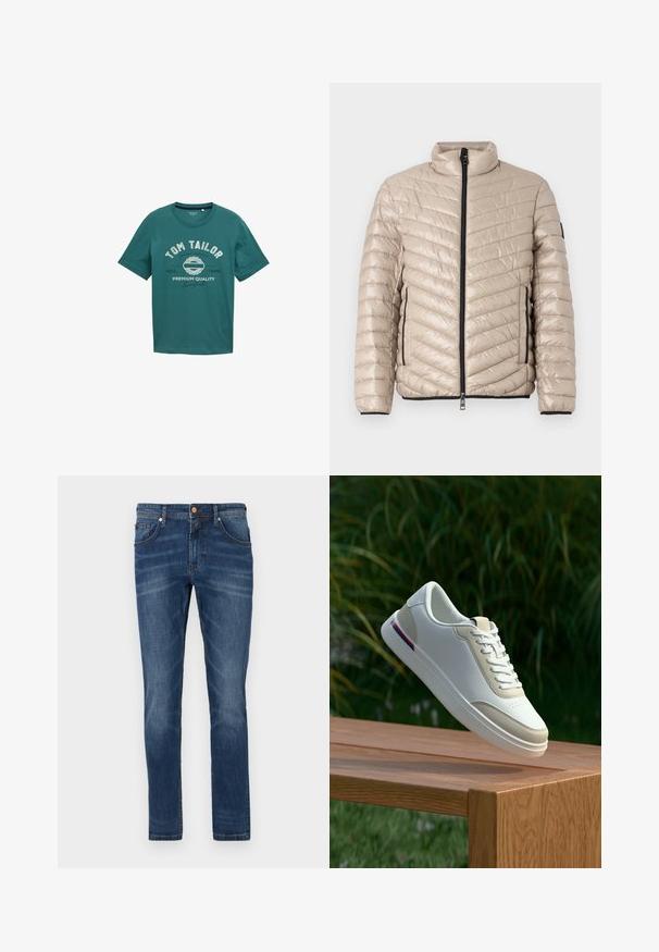 TOM TAILOR LIGHTWEIGHT JACKET - Übergangsjacke - light cashmere; Türkisfarbiges T-Shirt mit kurzen Ärmeln aus Baumwolle, mit Rundhalsausschnitt und weißem Drucktext "TOM TAILOR" sowie Designdetails auf der Vorderseite.; Dunkelblaue Jeans aus Denim mit geradem Bein, fünf Taschen, dezente Verwaschungen, kontrastierende Nähte und einem Knopfverschluss an der Taille.; Weißer Ledersneaker mit beigen Akzenten, glatter Textur, rundem Zehenbereich und Schnürverschluss. Verfügt über dezente Perforationen und einen farbenfrohen Streifen an der Ferse.