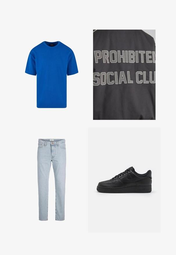 Chaqueta negra con grandes letras blancas de textura de malla que dicen "PROHIBITED SOCIAL CLUB" en la parte posterior. Tela suave con un acabado mate.; Camiseta azul de mangas cortas hecha de algodón, con un cuello redondo clásico y un corte relajado. Textura suave sin patrones ni acentos visibles.; Jeans de mezclilla de color azul claro con corte recto, que cuentan con un cierre de botón en la parte delantera, cinco bolsillos y una sutil textura desgastada.; Nike Sportswear AIR FORCE 1 07 FLYEASE - Zapatillas - black