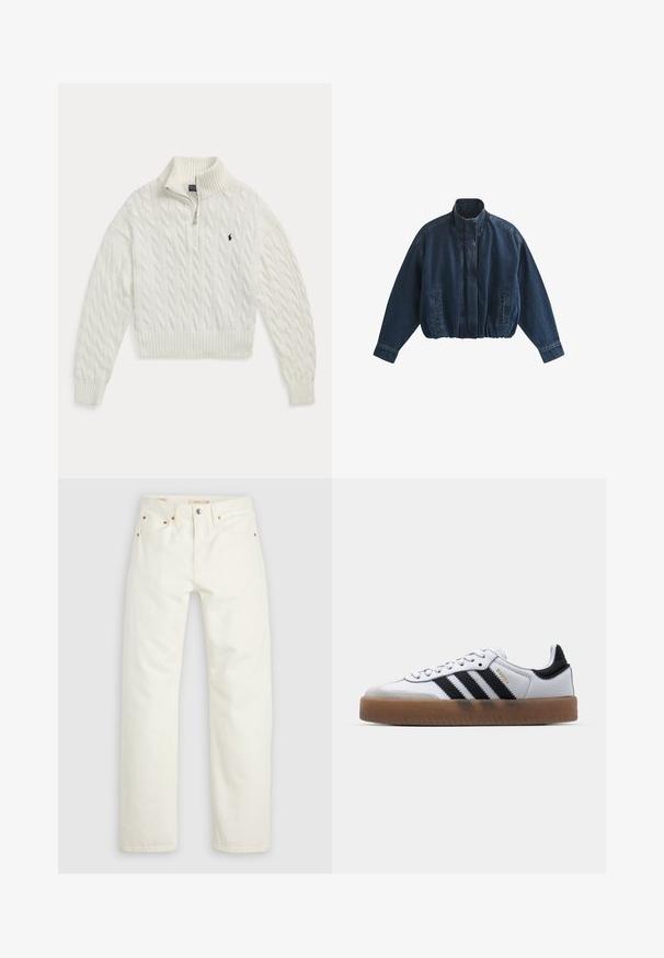 Chaqueta vaquera azul oscuro con cuello alto, mangas largas, bolsillos frontales, cinturilla elástica y cierre frontal oculto.; Jersey blanco de punto trenzado con cremallera hasta la mitad, con cuello, puños y bajo acanalados, con un pequeño logo bordado de un caballo oscuro en el pecho.; Jeans de mezclilla blancos de pierna recta con cierre de botón y cremallera, bolsillos delanteros y traseros, y detalles en remaches de cobre.; Zapatillas de cuero blancas con rayas negras, suela de goma, puntera redonda, cierre de cordones y caperuza de ante gris suave.
