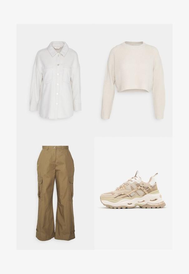 ONLY Petite ONLKINSLEY - Chaqueta fina - pumice stone; Suéter corto en blanco roto, con textura de canalé, cuello redondo y mangas largas, ligeramente oversized.; Vero Moda Petite VMCHARLOTTE PANT - Pantalones cargo - capers; Zapatilla gruesa beige y blanca con suela gruesa, paneles de malla y cuero, recortes ovalados en la entresuela, lengüetas en la lengüeta y el talón.