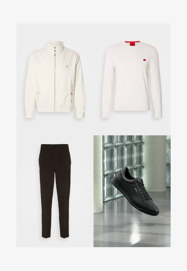 Valge kerge jope kõrge kraega, esi lukuga, kahe küljetaskuga ja elastsete varrukatega. Vasakul rinnal on logo.; Valge pikema varrukaga crewneck-sviiter, mis on valmistatud pehmest kangast. Sellel on rindkeres väike punane logoäpp ja kontrastne punane silt kaeluses.; Mustad, pikad, kitsenevad püksid, mis on valmistatud pehmest ja siledast materjalist. Omavad elastset vöökohta, millel on reguleeritav nöör.; Mustast nahast toss nööpidega ja „BOSS“ logoga, õhus hõljuv klaasplokiseina ja poleeritud betoonpõranda taustal.