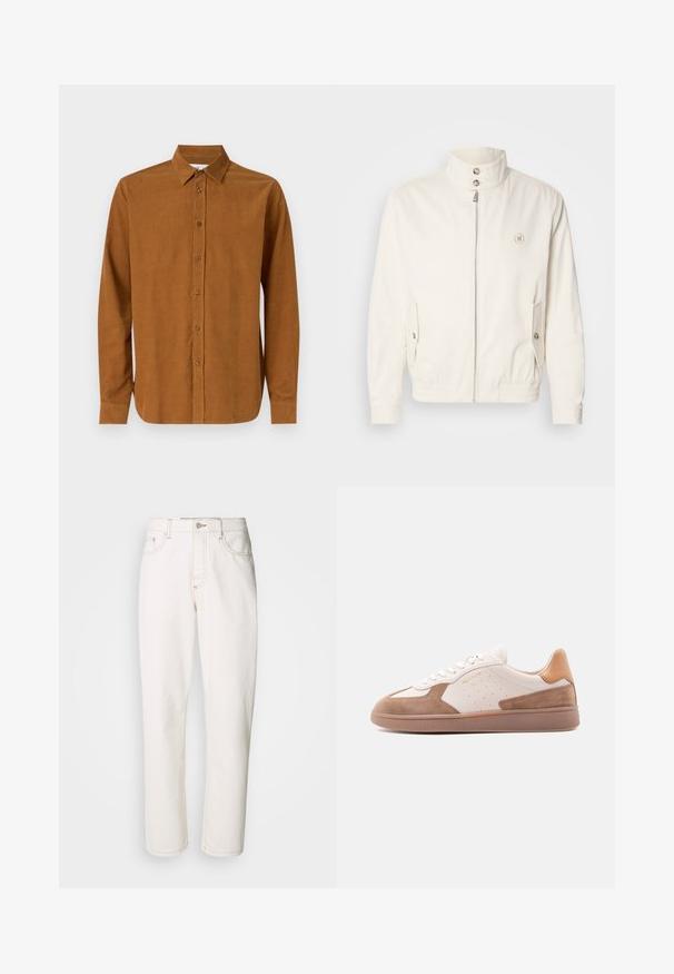 Veste légère blanche avec un col haut, fermeture éclair à l'avant, deux poches latérales et des poignets élastiques. Présente un logo sur la poitrine gauche.; Chemise à manches longues marron en tissu lisse, dotée d'un col classique et de sept boutons à l'avant, avec des manches à poignets droits.; Jean en denim blanc avec une coupe droite, présentant des coutures piquées, un bouton en métal et une construction classique à cinq poches.; Baskets basses blanches et marron clair avec des accents en daim, des côtés perforés, des lacets blancs et une semelle extérieure gomme texturée, présentées de profil sur un fond blanc.