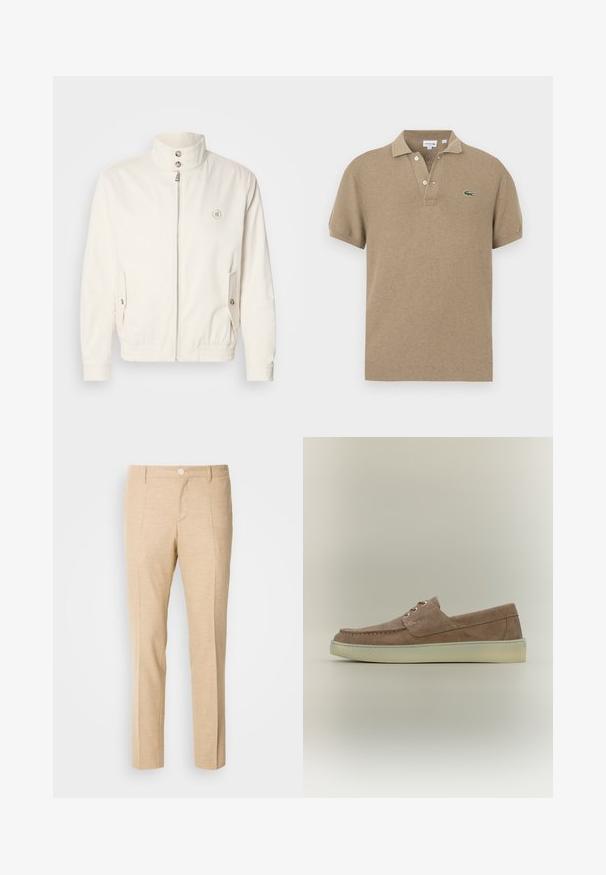 Hvid letvægtsjakke med høj krave, lynlås foran, to sidelommer og elastiske manchetter. Har et logo på venstre bryst.; Kortærmet beige polo-shirt med struktureret strik, tre-knaps knaplukning og grønt broderet logo på venstre bryst.; Beige skræddersyede bukser med en struktureret stof, lige ben-design, frontklapper og en enkelt knaplukning i taljen.; Brun ruskinds slip-on sko med en rundet tå, kontrasterende hvid gummisål og minimalistisk design med to dekorative øjer.