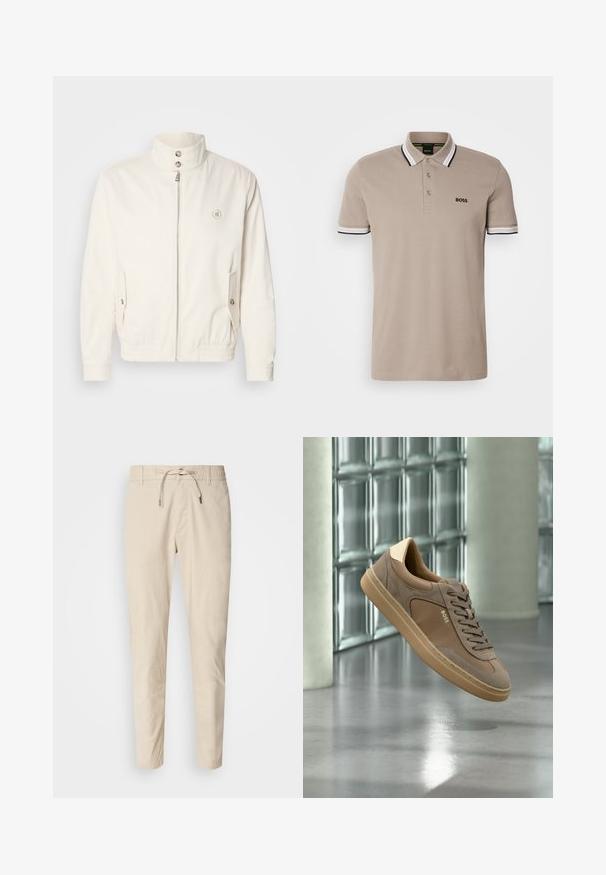 Hvid letvægtsjakke med høj krave, lynlås foran, to sidelommer og elastiske manchetter. Har et logo på venstre bryst.; Beige polo-shirt med klassisk krave, korte ærmer og kantbånd med sort og hvid accent. Broderet 'BOSS' logo på brystet.; Lys beige bukser med en glat stoftekstur, elastisk talje og justerbar snor. Taperet ben-design. Ingen synlige mønstre.; Beige casual sneaker med snørebånd og "BOSS"-logo, som svæver over en poleret betongulv med glasblokvæg i baggrunden.