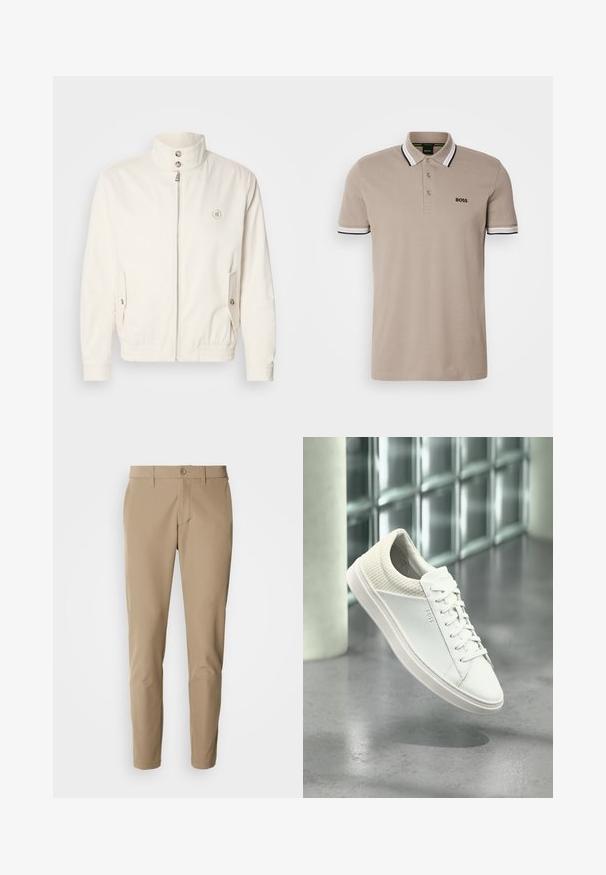 Veste légère blanche avec un col haut, fermeture éclair à l'avant, deux poches latérales et des poignets élastiques. Présente un logo sur la poitrine gauche.; Polo beige avec un col classique, des manches courtes, et des finitions ornées d'accents noirs et blancs. Logo 'BOSS' brodé sur la poitrine.; Pantalons beiges en tissu lisse avec une coupe droite, dotés d'une fermeture à bouton et de poches avant, accompagnés de passants de ceinture.; Baskets basses blanches avec talon matelassé et logo latéral "BOSS" de marque, présentées en suspension à l'intérieur sur un sol gris poli.