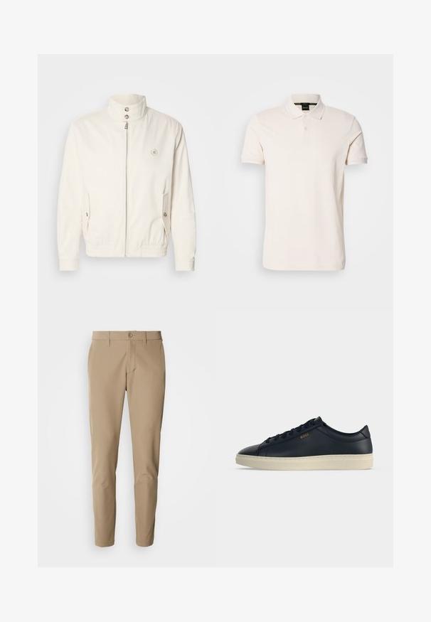 Veste légère blanche avec un col haut, fermeture éclair à l'avant, deux poches latérales et des poignets élastiques. Présente un logo sur la poitrine gauche.; Polo en couleur crème, fabriqué en tissu lisse, avec un col classique, deux boutons et des détails de logo subtils sur la poitrine.; Pantalons beiges en tissu lisse avec une coupe droite, dotés d'une fermeture à bouton et de poches avant, accompagnés de passants de ceinture.; Baskets basses en cuir bleu marine avec semelle en caoutchouc crème et marquage "BOSS" doré sur le côté, vues de côté.