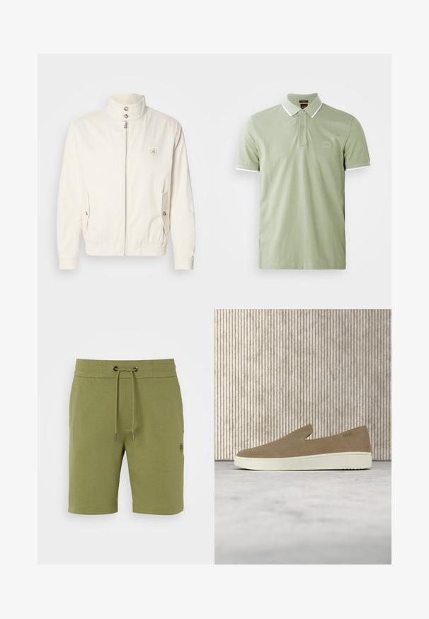 Veste légère blanche avec un col haut, fermeture éclair à l'avant, deux poches latérales et des poignets élastiques. Présente un logo sur la poitrine gauche.; Polo shirt vert clair en coton, avec un col classique, une patte de boutonnage à deux boutons et des finitions blanches au col et aux manches. Logo carré sur la poitrine.; Shorts vert olive en tissu doux. Dotés d'une taille élastique avec cordon de serrage, de poches latérales et d'un petit logo sur le côté.; Chaussure beige sans lacets avec semelle blanche, présentée en suspension sur un tapis clair avec un mobilier transparent de couleur ambre en arrière-plan.