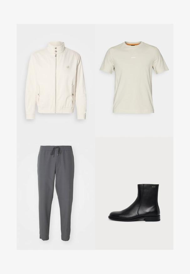 Hvid letvægtsjakke med høj krave, lynlås foran, to sidelommer og elastiske manchetter. Har et logo på venstre bryst.; Beige bomulds t-shirt med korte ærmer, rund halsudskæring og hvid "BOSS" logo på brystet. Glat tekstur, afslappet pasform.; Grå joggebukser lavet af glat stof, med elastisk talje og snøre, tætsiddende ben og sidelommer.; Sort læderankelstøvle med lav hæl, sidesyning og lille "HUGO" logo på den øverste manchet mod en ensfarvet baggrund.