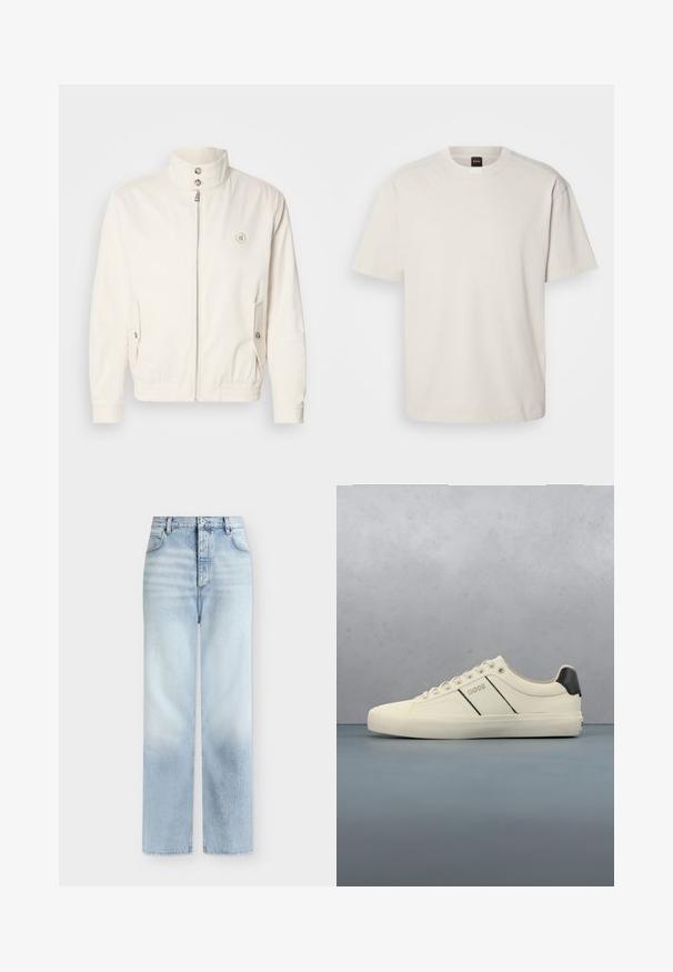 Veste légère blanche avec un col haut, fermeture éclair à l'avant, deux poches latérales et des poignets élastiques. Présente un logo sur la poitrine gauche.; T-shirt à manches courtes et col rond en coton blanc cassé, présentant une coupe droite et un marquage minimal sur le col. Texture douce, sans motifs.; Jeans bleu clair taille haute à jambes droites, avec poches avant, passants de ceinture et fermeture par bouton.; Baskets de couleur crème avec une texture lisse, dotées d'accents et de marquage noirs. Design classique à lacets avec un bout rond et une semelle en caoutchouc.