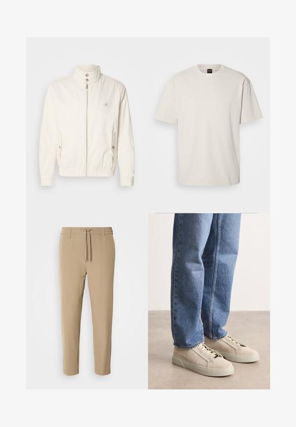 Hvid letvægtsjakke med høj krave, lynlås foran, to sidelommer og elastiske manchetter. Har et logo på venstre bryst.; Kortærmet, crew-neck t-shirt i off-white bomuld med lige snit og minimal branding på kraven. Blød tekstur, uden mønstre.; Beige, tapered bukser med elastisk talje og snor. Glat stof med et rent design uden synlige mønstre eller hardware.; BOSS GARYTENN_SDHDEL - Sneakers - natural ten