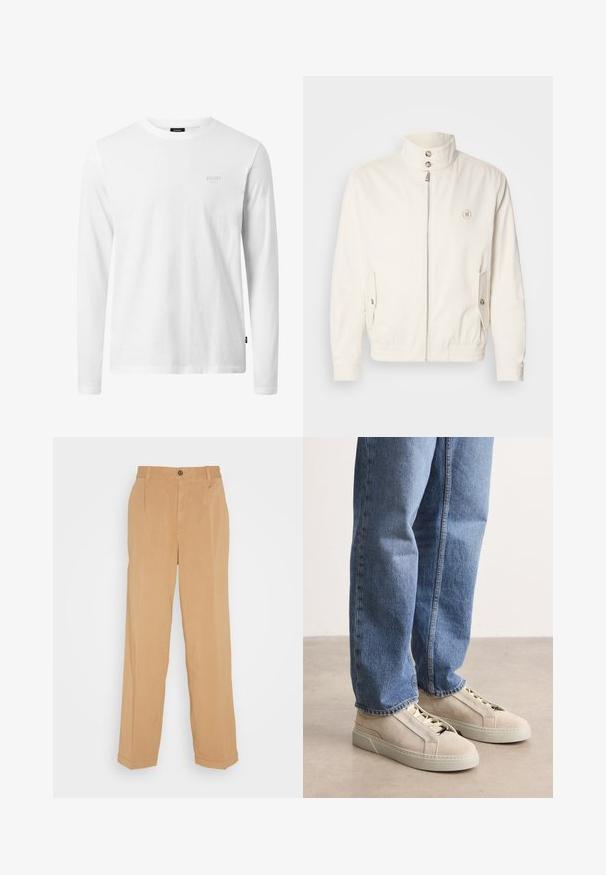 Witte lichtgewicht jas met een hoge kraag, rits aan de voorkant, twee zijzakken en elastische boorden. Voorzien van een logo op de linker borst.; Witte lange mouwen t-shirt van katoen, met een ronde hals, zachte textuur en een subtiele logo op de borst. Eenvoudig, klassiek ontwerp.; Beige wijde broek van zacht materiaal, voorzien van twee voorzakken, een knoopsluiting en plooidetails langs de benen.; BOSS GARYTENN_SDHDEL - Sneakers laag - natural ten