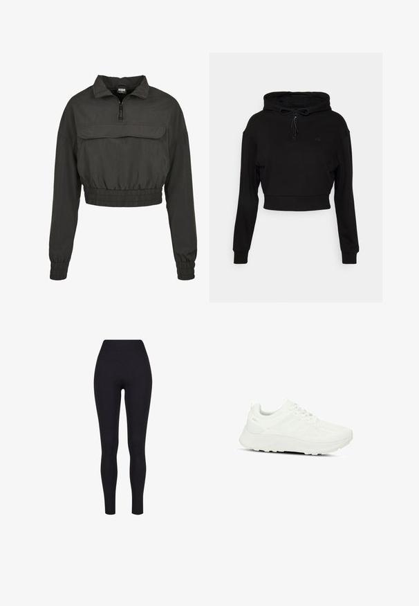 Afgebroken zwarte windbreaker met een hoge kraag, rits aan de voorkant en elastische tailleband en manchetten. Voorzien van een voork pocket.; Even&Odd active by Zalando Hoodie - black; Zwarte high-waisted legging, gemaakt van rekbaar materiaal, met een gladde textuur en een aansluitend ontwerp zonder zichtbare naden of patronen.; Witte sportschoen met een gestructureerde bovenkant en meshpanelen, vetersluiting, gevoerde zool en subtiele branding op de hiel.