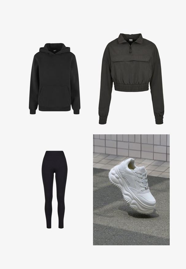 Veste coupe-vent noire raccourcie avec col haut, fermeture éclair à l'avant et taille et poignets élastiqués. Dispose d'une poche avant.; Sweat à capuche noir à manches longues, poche kangourou à l'avant, poignets côtelés, et design uni.; Leggings noirs taille haute, fabriqués à partir d'un tissu extensible, présentant une texture lisse et un design ajusté sans coutures ni motifs visibles.; Baskets blanches en cuir avec une semelle épaisse, des détails texturés et un système de laçage. Présente des accents moulés et une finition lisse.