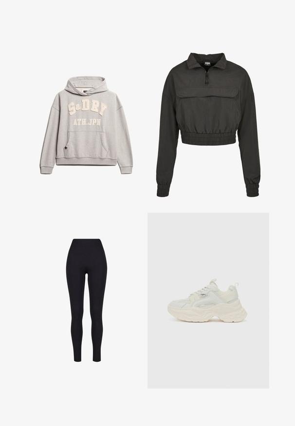 Afskåret sort vindjakke med høj krave, lynlås foran og elastisk talje og manchetter. Har en lomme foran.; Superdry & Co ATHLETIC ESSENTIALS - Hættetrøje - grey marl; Sorte højtaljerede leggings, lavet af strækbart stof, med en glat tekstur og en tætsiddende design uden synlige sømme eller mønstre.; Chunky sneakers i off-white, med en tekstureret mesh og glat læderoverdel, samt en tyk, bølget sål og mærkeaccent.