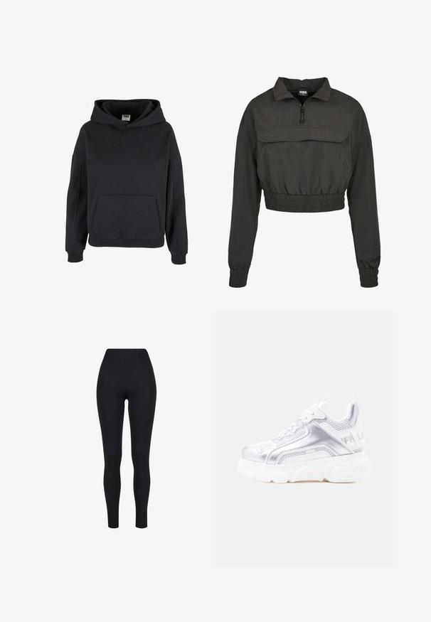 Veste coupe-vent noire raccourcie avec col haut, fermeture éclair à l'avant et taille et poignets élastiqués. Dispose d'une poche avant.; Sweat à capuche noir style pullover avec poche kangourou, poignets côtelés et coupe décontractée.; Leggings noirs taille haute, fabriqués à partir d'un tissu extensible, présentant une texture lisse et un design ajusté sans coutures ni motifs visibles.; Baskets épaisses blanches et argentées avec une semelle texturée épaisse, des panneaux en mesh et synthétiques, un bout arrondi et une languette à l'arrière.