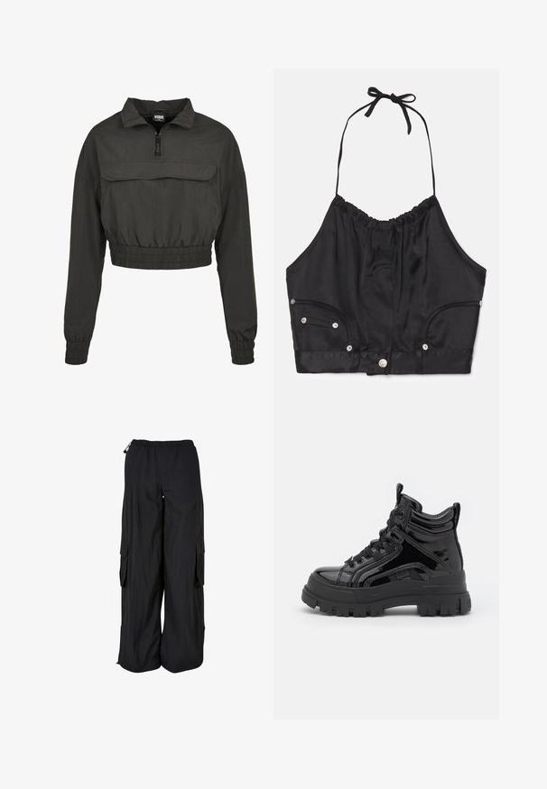 Afskåret sort vindjakke med høj krave, lynlås foran og elastisk talje og manchetter. Har en lomme foran.; Sort satin halterneck crop top med samlede tekstur, justerbar snor i halsen, knapper foran og to sidelommer med sølv hardware detaljer.; Svarte cargobukser med vidde ben, elastisk talje, sidelommer med klap og justerbare snore i talje og forneden.; Sorte patentlæder høje støvler med en kraftig gummisål, der har snørebånd foran, polstret krave og sidelæder.