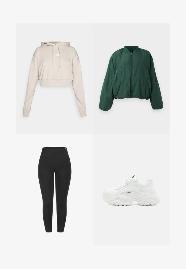 Groene bomberjack met een ritssluiting aan de voorkant, geribbelde kraag en zijzakken. Heeft een cropped silhouet en een gladde stofstructuur.; Lichtbeige cropped sweatshirt met een capuchon, voorzien van een wit driehoekig logo en witte zijstrepen. Gemaakt van zacht, textuurstof.; Zwarte legging met een hoge elastische tailleband, een gladde textuur en een aansluitend ontwerp, geschikt voor diverse activiteiten.; Witte chunky sneakers met een soepel leren bovenwerk, ronde neus en een dikke, gestructureerde zool met een zichtbaar merklogo aan de zijkant.