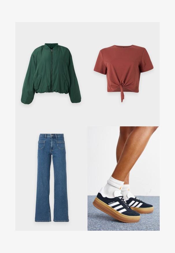 Vihreä pommijakku, jossa on vetoketjukiinnitys, ribattu kaulus ja sivutaskut. Ominaisuuksiin kuuluu lyhyt leikkaus ja sileä kangastunne.; Rusto-sävyinen lyhythihainen crop-top, joka on valmistettu pehmeästä puuvillasta ja jossa on solmittu etuosa. Sujuva pinta, pyöreä pääntie.; Siniset farkkuhousut, joissa on leveät lahkeet ja korkea vyötärö, viisi taskua, edessä nappikiinnitys ja hieman haalistunut viimeistely. Ompeleet ja saumat ovat näkyvissä.; Jalat pukeutuneina valkoisiin sukkiin ja mustiin Adidas Gazelle -lenkkareihin, joissa valkoiset raidat ja paksut ruskeat pohjat harmaalla matolla.