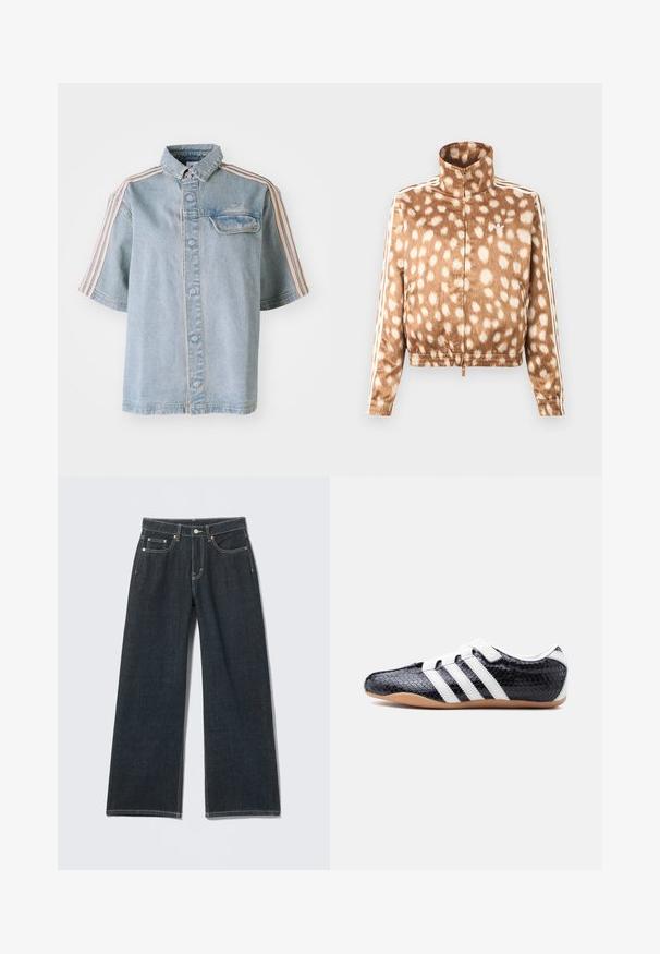 Pruun tõmblukuga jakk valgete täpiliste mustritega, kõrge krae, elastsete mansettide ja valgete Adidas triipudega varrukatel.; Denim särg, millel on eesmine tasku, nööpidest sulgemine ja roosa triipõmblus õlgadel, esitatud lihtsa valge taustaga.; Tumesinised laiade säärega teksad esikinnise, tõmbluku, vööaasa ja viie taskuga, ühtlasel heledal taustal.; Must toss mustriga valgete triipude ja takjakinnitustega, tekstuurse pinnaga ja kummiapaga tallaga, nähtav küljelt valgel taustal.