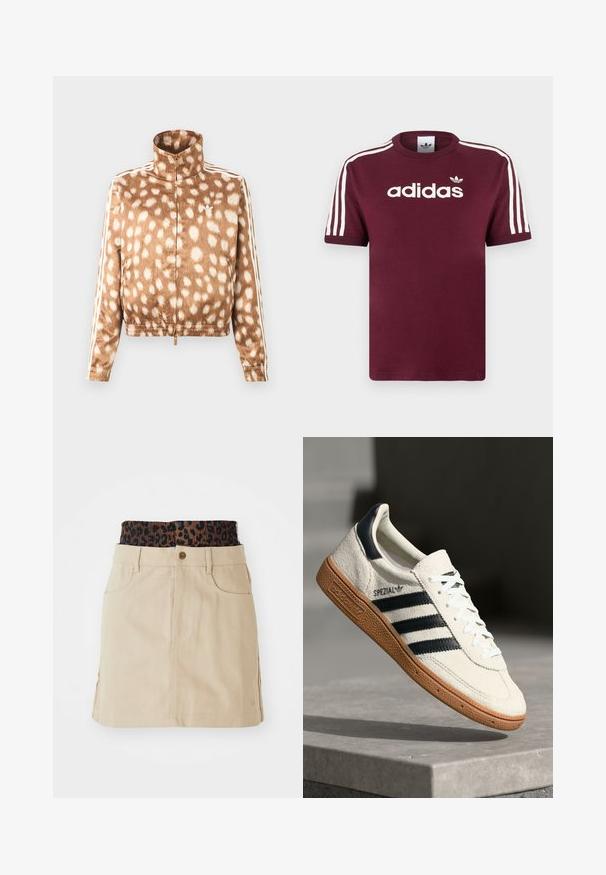 Bruine jas met rits en wit gevlekt patroon, hoge kraag, elastische manchetten en witte Adidas strepen op de mouwen.; Bordeauxrode katoenen T-shirt met wit gestreepte mouwen, met het "adidas" logo in het wit over de borst en een klein logo erboven.; Tan denim rok met een bruine elastieken tailleband met luipaardprint, voorzakken en een rechte snit, met zichtbare stikdetails.; Witte suède sneakers met marineblauwe strepen, rubberen gumzool, gestructureerde bovenkant, ronde neus en veters; heeft branding aan de zijkant en op de tong.