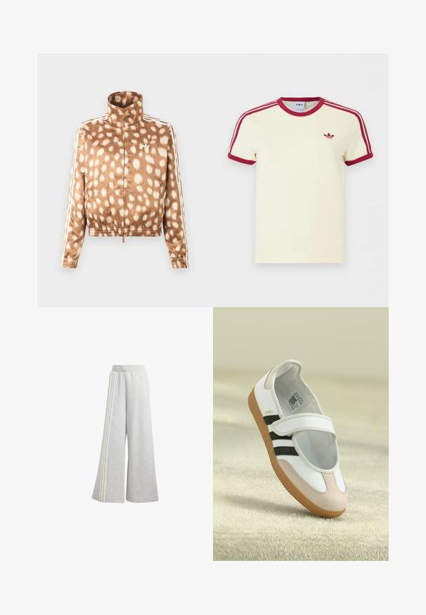 Brun lynlåstrøje med hvidt plettet mønster, høj krave, elastiske manchetter og hvide Adidas-striber på ærmerne.; Kremfarvet Adidas T-shirt med korte ærmer, rød ribkant ved hals, ærmekanter, tre røde striber på skuldrene og rødt Adidas trefoil-logo på brystet.; Lys grå brede sweatpants lavet af blødt stof, med tre hvide striber på hver side og en elastisk talje.; Hvid sko med en lyserød ruskindforfod, sorte striber og en velcrorem. Har en lys gummi sål og et logo på siden.