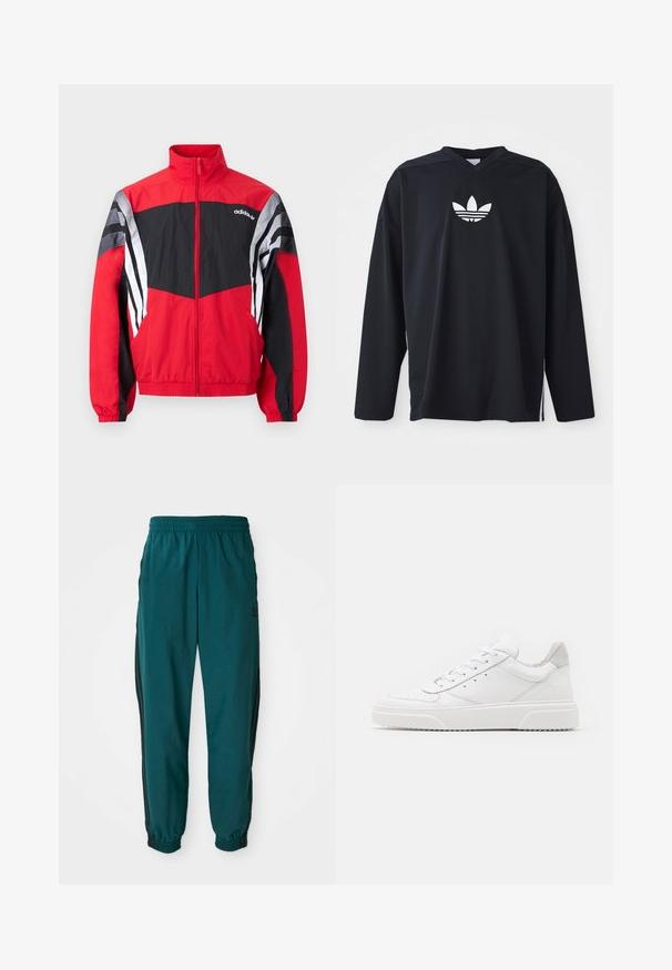 Punane ja must Adidas lukuga tuulekindel jakk kõrge kraega ja valgete triipudega varrukatel, laotatult valgel taustal.; Mustkarereva pikkade varrukatega särk, mis on valmistatud riidest, millel on võrkmaterjal. Särgil on V-kaelus ja valge Adidas'i trifoliumi logo rinna kohal. Hemmist ulatuvad külgmised lõhikud.; Türkis värvi spordipüksid, millel on nööriga vöökoht, elastsed mansetid ja mustad triibud külgedel. Valmistatud kergest kangast, logoga puusade lähedal.; Valged nahast spordijalatsid siledast nahast viimistlusega, ümarate varvastega, lamekestega ja tekstuuriga tallaga. Hall suede aktsent kanna juures.