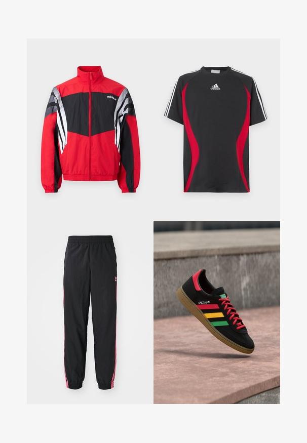 Chaqueta cortavientos Adidas roja y negra con cremallera, cuello alto y franjas blancas en las mangas, mostrada extendida sobre un fondo blanco.; Camiseta negra de manga corta con detalles laterales rojos, logotipo de Adidas en blanco en el pecho y rayas blancas en los hombros. Fabricada con una tela suave.; Pantalones tipo chándal negros con rayas laterales rosas, cinturilla elástica y puños ajustados. Presenta un acabado sutil en la parte izquierda de la pierna. Textura suave.; Zapatilla Adidas Spezial negra con rayas rojas, amarillas y verdes, cordones rojos, suela de goma y detalle rojo en el talón, mostrada flotando sobre el pavimento.