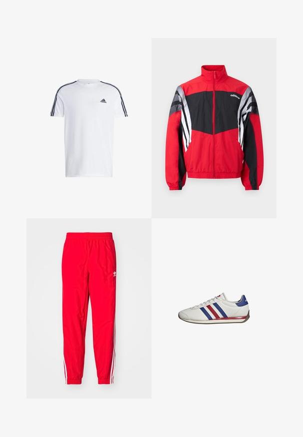 Chaqueta cortavientos Adidas roja y negra con cremallera, cuello alto y franjas blancas en las mangas, mostrada extendida sobre un fondo blanco.; Camiseta blanca de manga corta hecha de algodón con el logo negro de adidas en el pecho y tres franjas negras a lo largo de los hombros.; Pantalones deportivos rojos con una cintura elástica, acentos de rayas blancas a lo largo de los lados y un pequeño logo blanco en el muslo izquierdo.; Zapatilla blanca de caña baja con rayas rojas y azules, cierre de cordones, lengüeta del talón azul y suela delgada con franja en rojo.