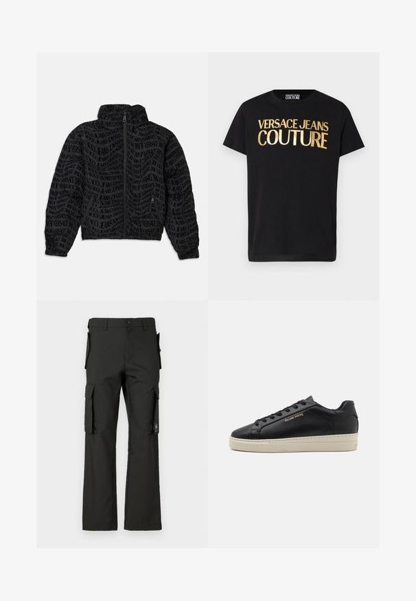 Schwarze Jacke mit Reißverschluss, die ein sich wiederholendes Textmuster mit "Versace Jeans" zeigt. Das Material hat eine strukturierte Optik, mit gerafften Ärmeln und Kragen.; Schwarzes kurzärmeliges T-Shirt mit großem metallisch goldfarbenem "Versace Jeans Couture" Schriftzug auf der Vorderseite und einem runden Ausschnitt.; Schwarze Cargo-Hose mit geradem Bein, ausgestattet mit mehreren Seitentaschen und einem Knopfverschluss. Hergestellt aus strapazierfähigem Gewebe mit glatter Textur.; Schwarze Leder-Sneaker mit glatter Oberfläche, kontrastierender cremefarbener Sohle, abgerundeter Spitze, goldfarbenem Logo an der Seite und sechs Ösen für die Schnürsenkel.