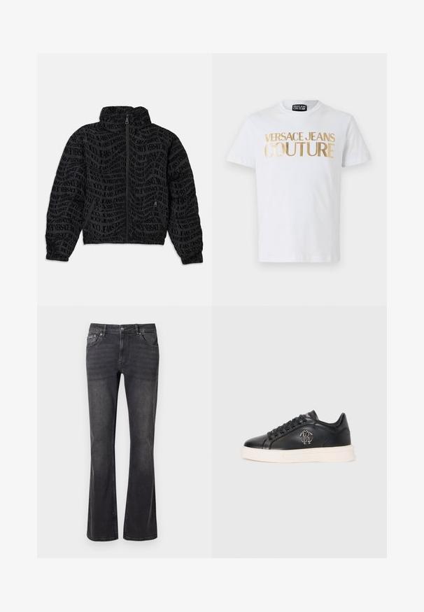 Chaqueta negra con cremallera que presenta un patrón de texto repetido de "Versace Jeans". El material tiene una apariencia texturizada, con mangas y cuello fruncidos.; Camiseta de algodón blanca con llamativos letreros en dorado que dicen "VERSACE JEANS COUTURE" en la parte frontal. Cuello redondo y mangas cortas.; Jeans de mezclilla negra con diseño acampanado, cinco bolsillos y cierre de botón metálico. La tela tiene una textura suave con un ligero desgaste.; Zapatilla baja de cuero negra con suela blanca, cordones negros y un emblema de logo plateado en el costado sobre un fondo liso.