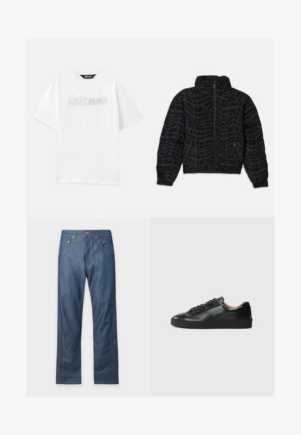 Schwarze Jacke mit Reißverschluss, die ein sich wiederholendes Textmuster mit "Versace Jeans" zeigt. Das Material hat eine strukturierte Optik, mit gerafften Ärmeln und Kragen.; Weißes Baumwoll-T-Shirt mit kurzen Ärmeln und lockerer Passform. Mit "Just Cavalli" in Silber auf der Brust gestickt.; Blaue Jeans aus Denim mit geraden Beinen, vorderem Knopf- und Reißverschluss und sichtbaren orangen Nähten an Taschen und Nähten.; Schwarze Leder-Sneaker mit glatter Textur, runder Zehenpartie und Schnürverschluss. Verfügt über eine dicke Gummisohle und minimalistische Marken-Details.