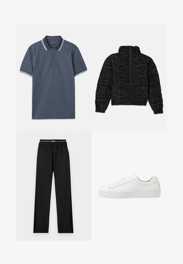 Schwarze Jacke mit Reißverschluss, die ein sich wiederholendes Textmuster mit "Versace Jeans" zeigt. Das Material hat eine strukturierte Optik, mit gerafften Ärmeln und Kragen.; Marineblaue Polohemd mit geometrischem Muster. Verfügt über einen gerippten Kragen mit hellblauen Akzenten und einer Knopfleiste mit drei Knöpfen. Hergestellt aus weichem Stoff.; Schwarze Hosen mit lockerer Passform, elastischem Taillenbund, verstellbarem Kordelzug und Seitentaschen. Aus glattem, ungemustertem Stoff hergestellt.; Weiße Ledersneaker mit glatter Oberfläche, abgerundeter Zehenpartie, flachem Schnürdesign und einer dicken Gummisohle mit strukturiertem Grip-Muster.