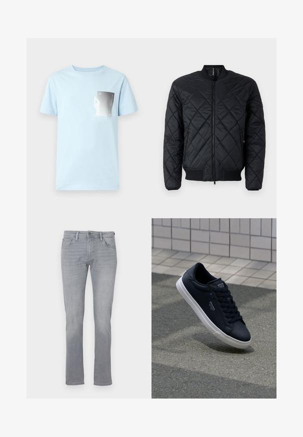 Chaqueta bomber acolchada negra con cierre de cremallera en la parte delantera, puños y dobladillo acanalados. Presenta un patrón de rombos y bolsillos laterales para mayor funcionalidad.; Camiseta de algodón azul claro con mangas cortas y escote redondo. Presenta un gráfico rectangular en blanco y negro en el lado izquierdo del pecho.; Jeans de mezclilla gris con corte recto, que cuentan con un cierre frontal de botón y cremallera, cinco bolsillos y un ligero desgaste en toda la prenda.; Zapatilla de cuero negro con textura suave, suela de goma blanca y cordones en tono. Presenta acentos de la marca en la lengüeta y en el lateral.